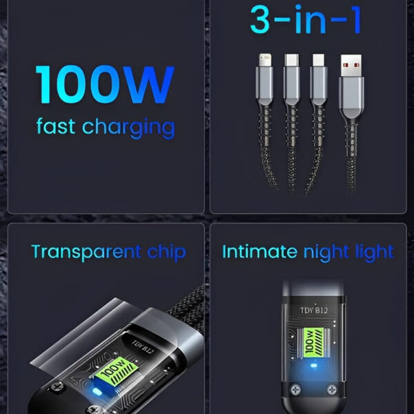 Gamen 3 in 1 Fast Charging Cable | 100W Fast Charging Cable Multi Charger Cable Nylon Braided Multiple USB Universal 3 In 1 Charging Cord Adapter With Type-C Micro BYJ ( With Box ) - Image 5
